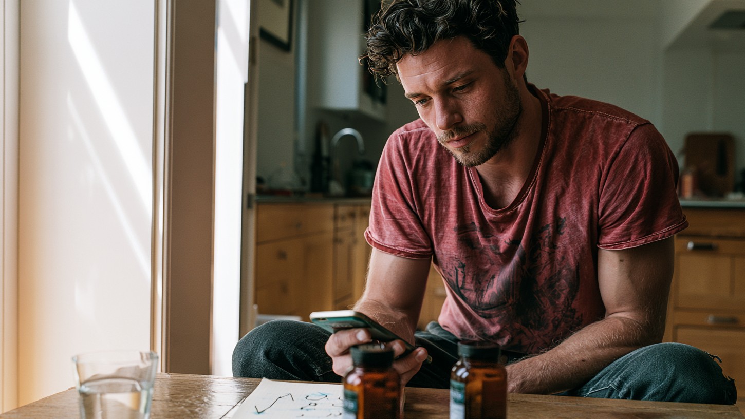A man at a small table, checking his phone, coffee and a supplement bottle beside him