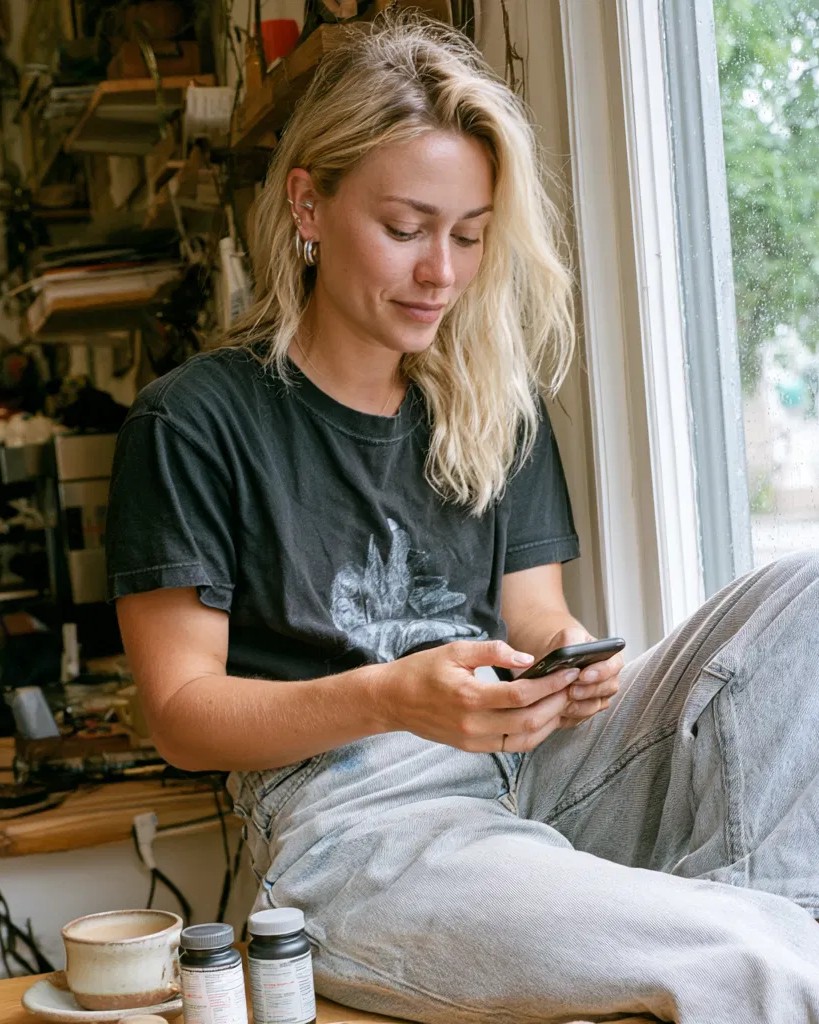 A woman sitting by a window, absorbed in her phone, morning light, two supplement bottles on the sill beside her