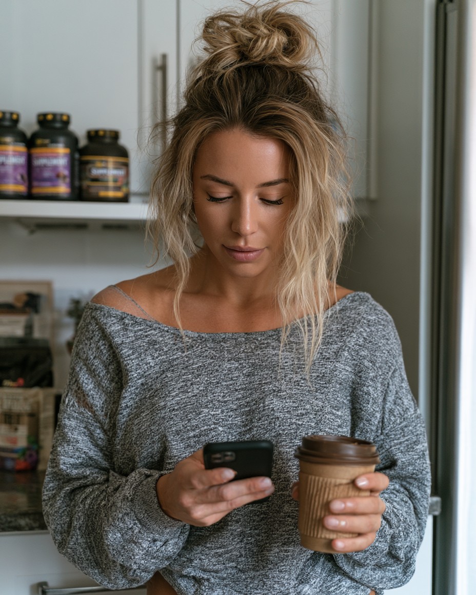 A woman sitting with a notebook, phone in hand, supplement bottles nearby
