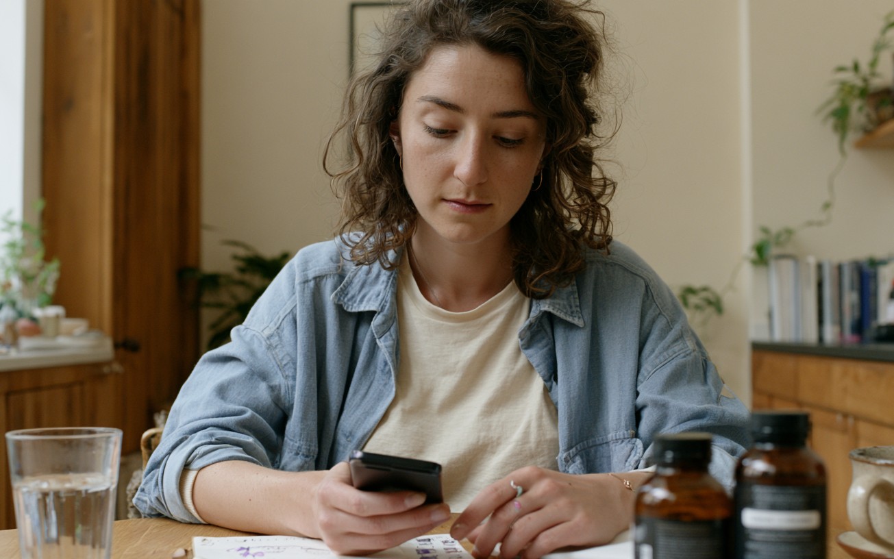 A woman walking through her kitchen holding her phone and a supplement bottle, candid, mid-stride